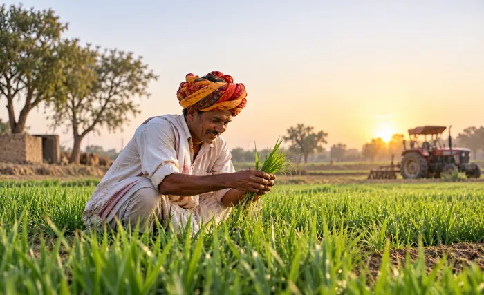 Farmer in a green field at sunrise