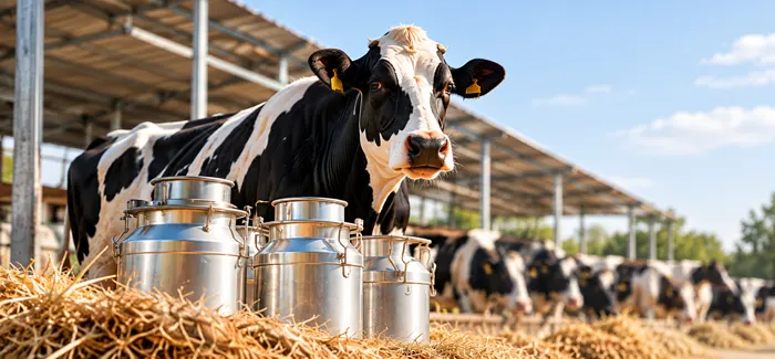Dairy cow with milk cans